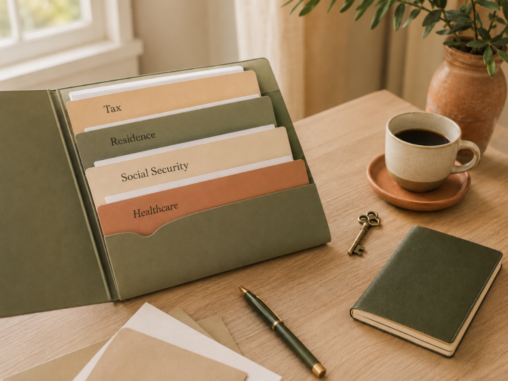 Organized folder with sections for tax, residence, social security and healthcare documents, representing administrative life in Portugal for immigrant families.