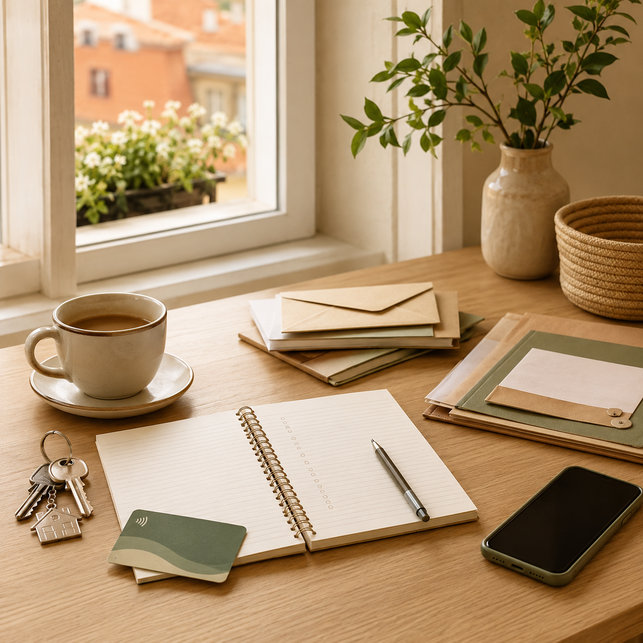 Mesa organizada com chaves, documentos, caderno e café, simbolizando a vida prática de uma família imigrante em Portugal.