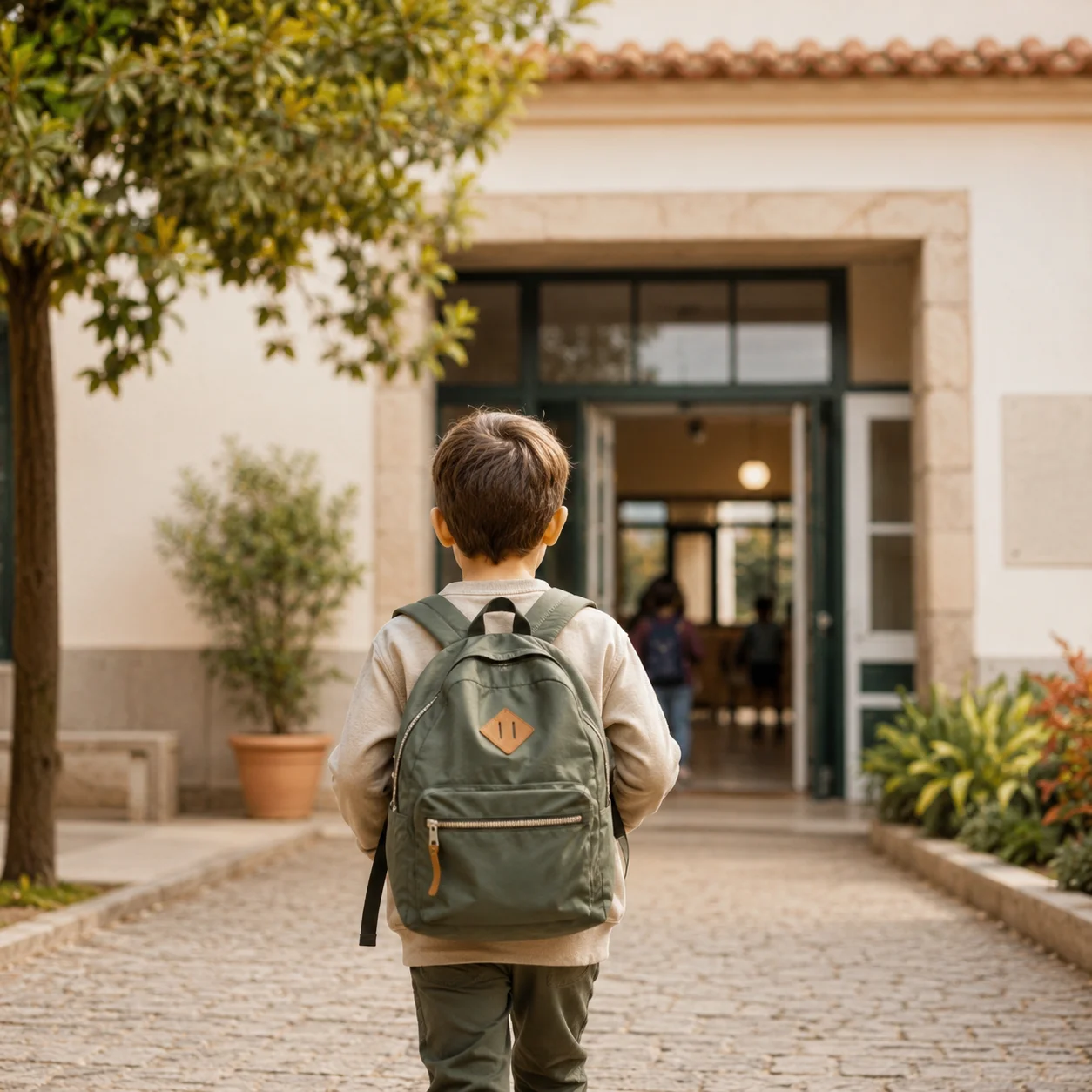 Criança de costas com mochila a entrar numa escola portuguesa — matrícula escolar em Portugal para filhos de imigrantes
