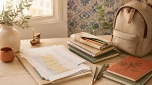 Mesa com mapa de Portugal, cadernos, lápis e mochila escolar — guia de matrícula escolar em Portugal para filhos de imigrantes