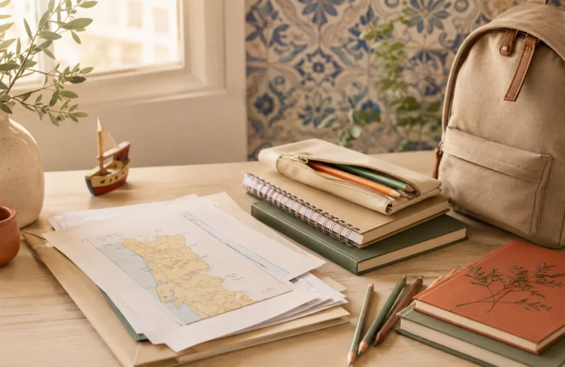 Mesa com mapa de Portugal, cadernos, lápis e mochila escolar — guia de matrícula escolar em Portugal para filhos de imigrantes