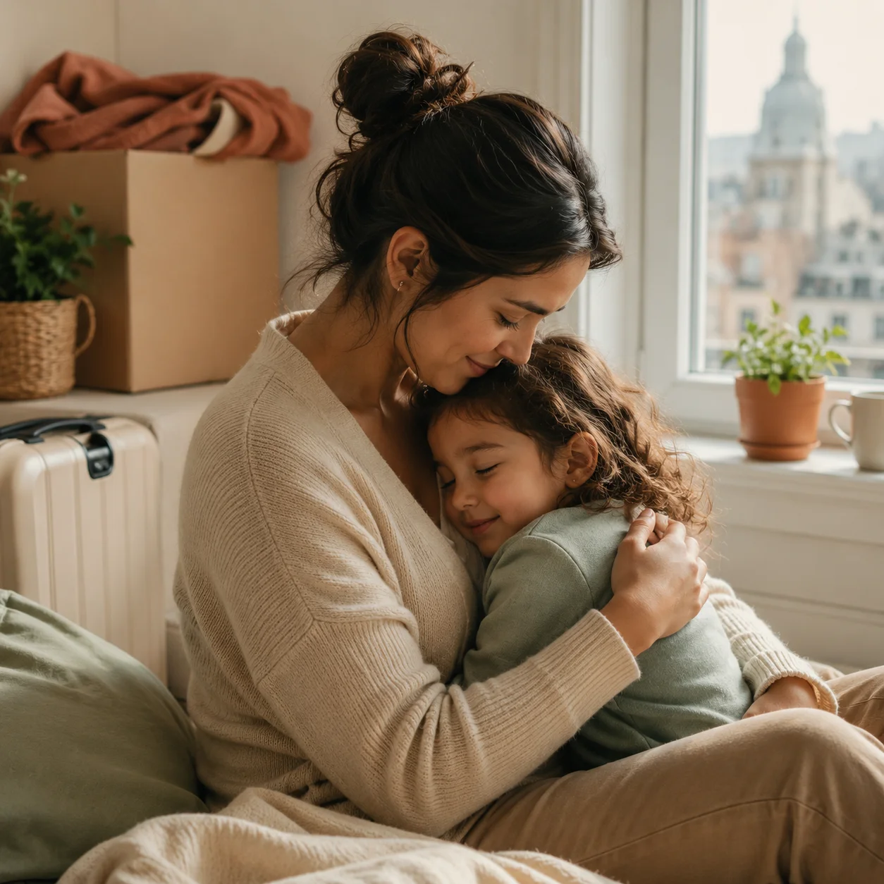 Mãe abraçando a filha perto da janela, simbolizando acolhimento, saudade e adaptação na maternidade imigrante.